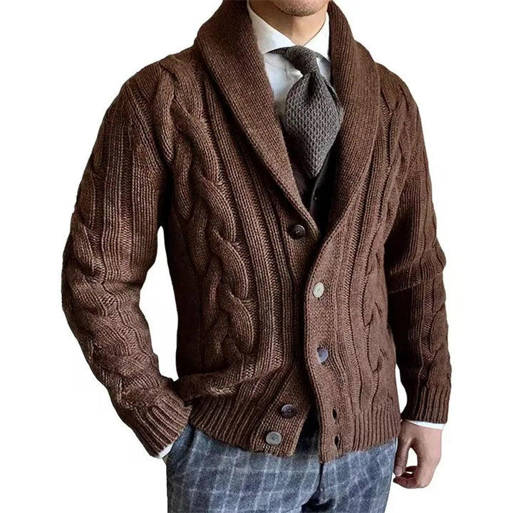 Brown cable knit shawl collar cardigan on model