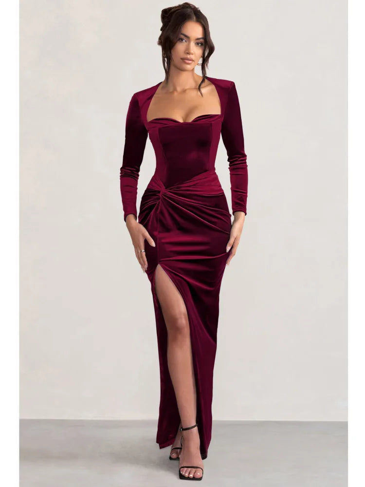Burgundy velvet maxi dress with twisted waist detail