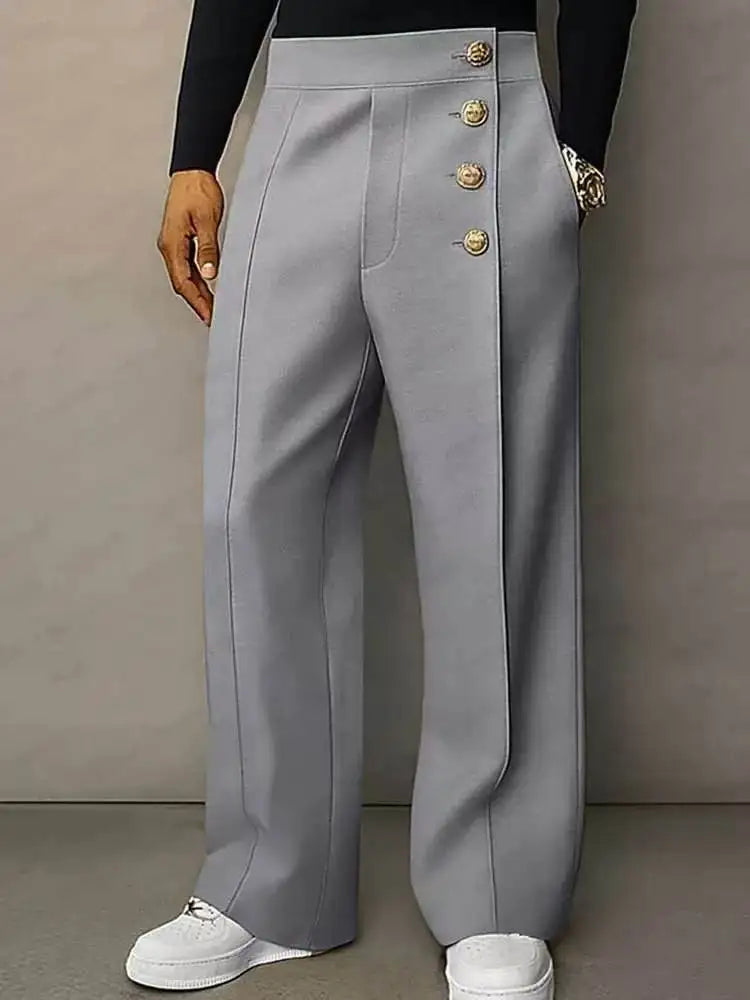 Gray wide leg trousers with gold button placket, front view