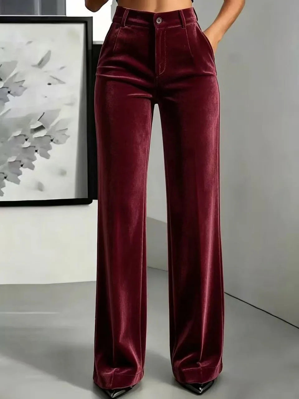 Burgundy velvet high waist wide leg pants front view