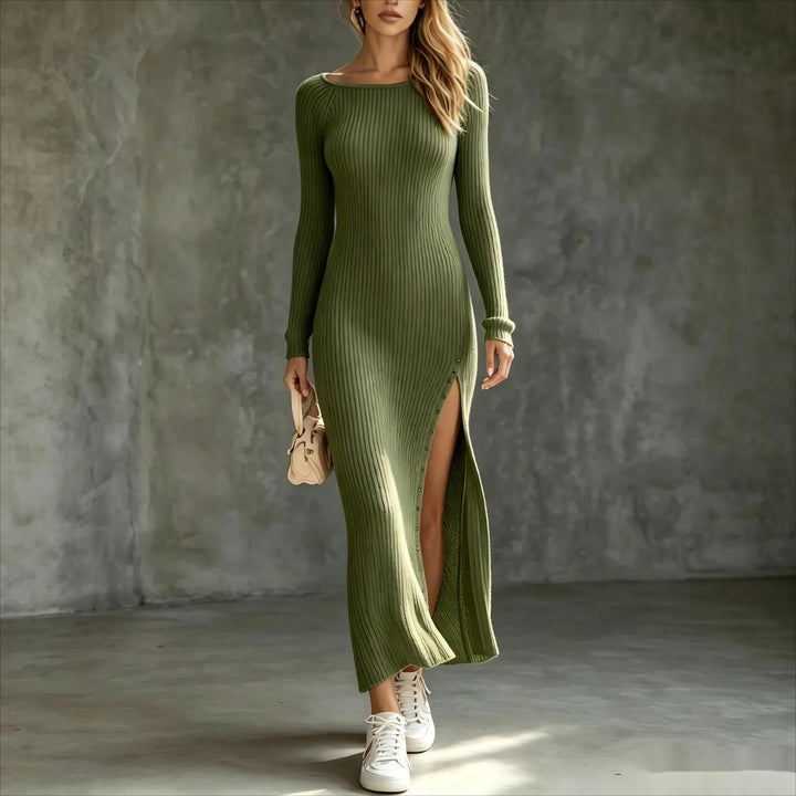Army green ribbed knit maxi dress with side slit, front view