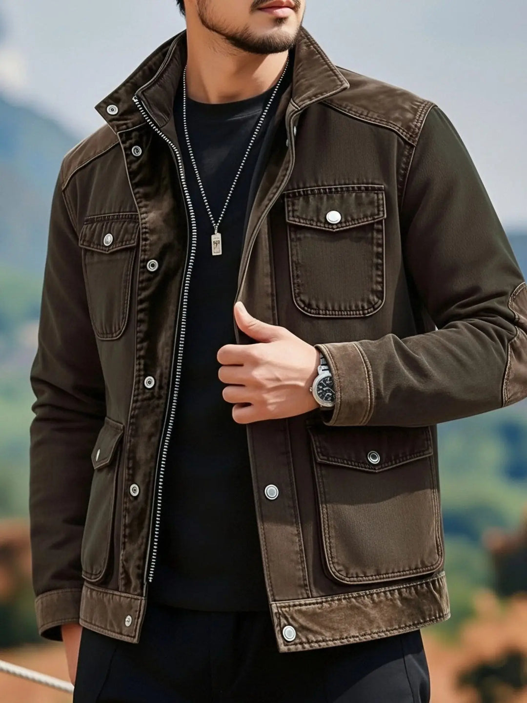 Close-up of dark brown contrast panel jacket with flap pockets