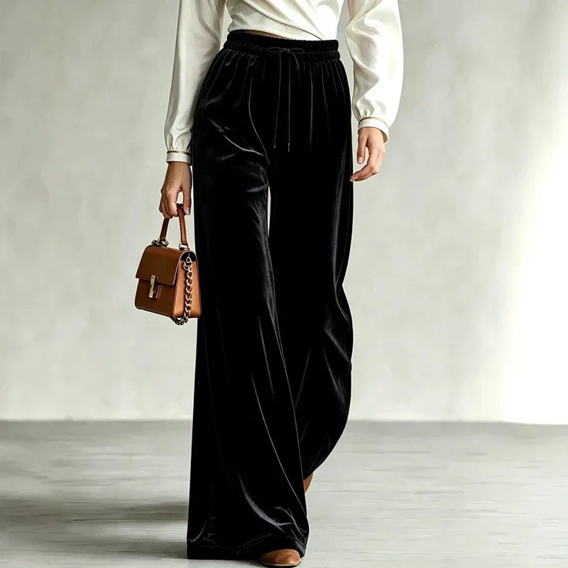 Black velvet wide leg pants with drawstring waist, front view