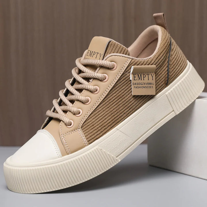 Khaki corduroy low top platform sneaker side view