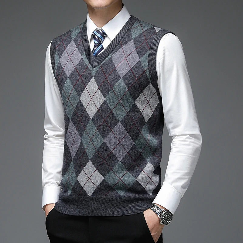 Man wearing dark gray argyle sweater vest with tie