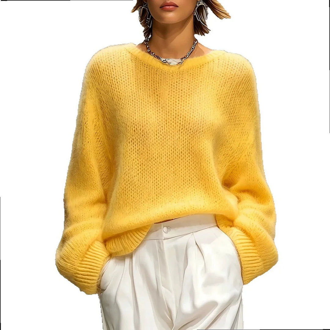 Yellow brushed knit pullover sweater on white background