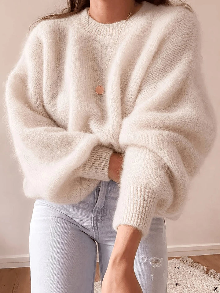 White fuzzy oversized pullover sweater, front view