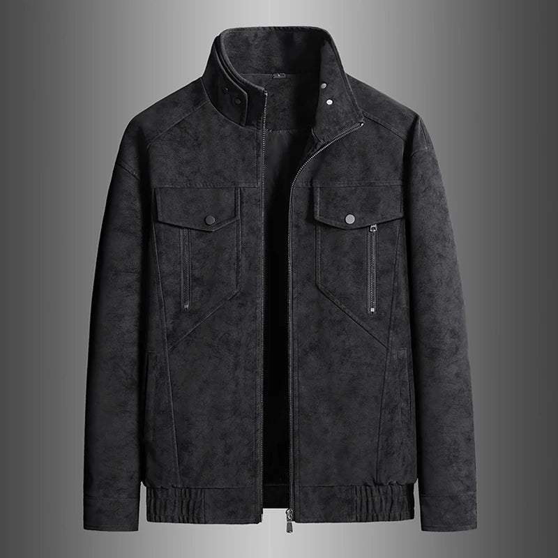 Black moto jacket front view with zip pockets