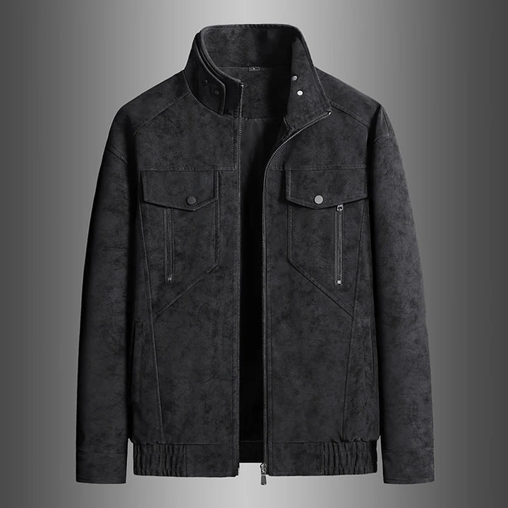 Black moto jacket front view with zip pockets