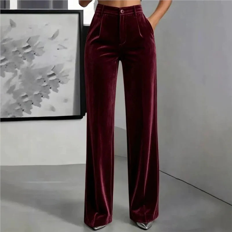 Burgundy velvet wide leg pants front view
