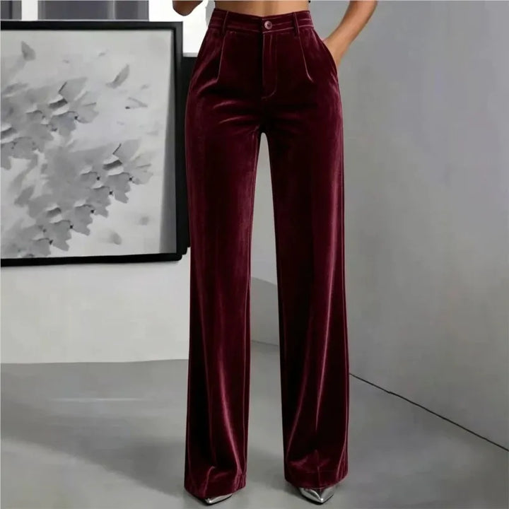 Burgundy velvet wide leg pants front view
