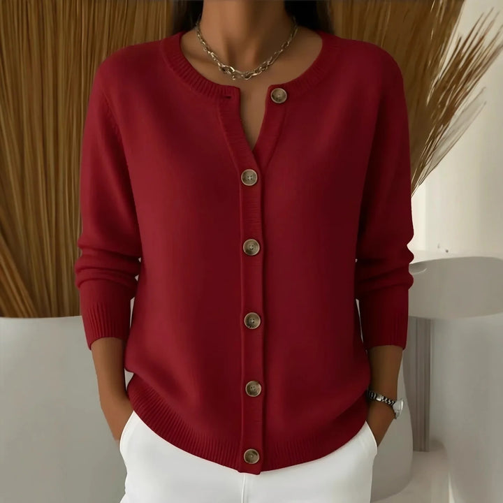 Burgundy button-front knit cardigan, front view