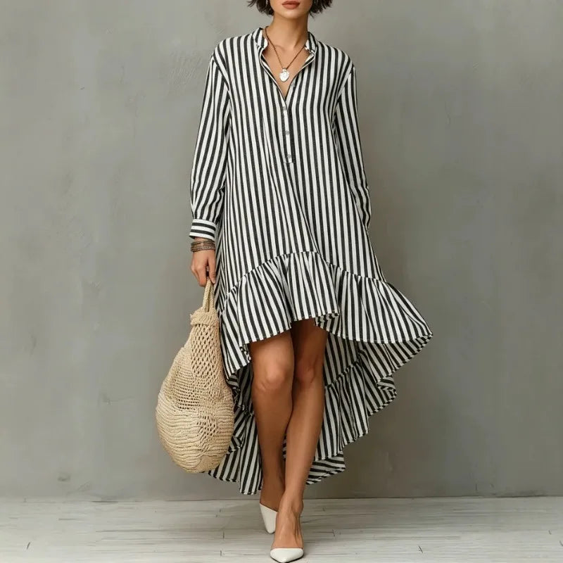 Black and white striped high-low midi dress with stand collar, front view