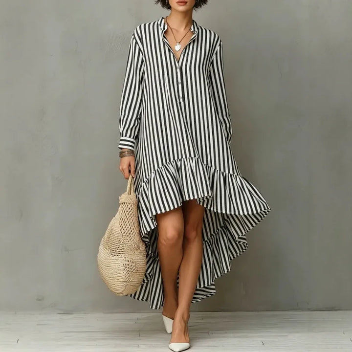 Black and white striped high-low midi dress with stand collar, front view