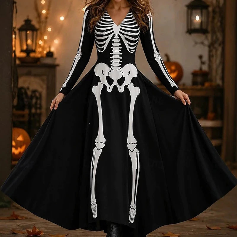 Front view of black maxi dress with full skeleton bone print