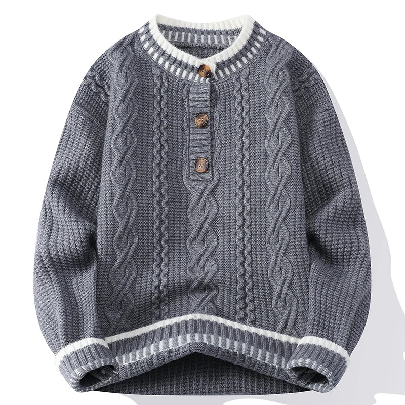 Gray cable knit pullover sweater with white contrast trim and button placket, front view