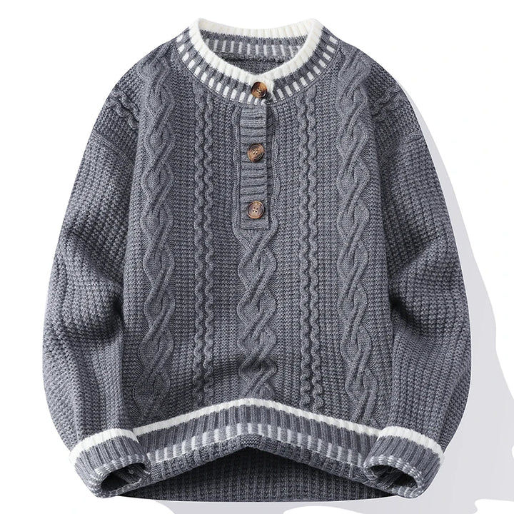Gray cable knit pullover sweater with white contrast trim and button placket, front view