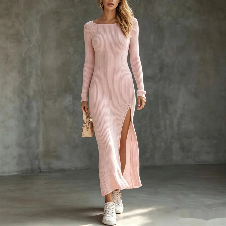 Pink ribbed knit maxi dress with side slit, front view