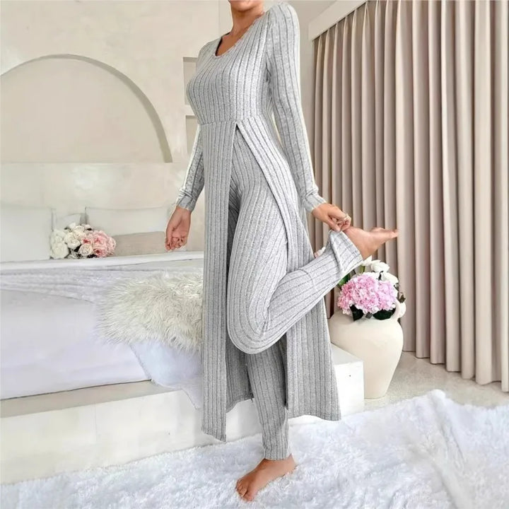 Woman wearing grey ribbed long slit two piece loungewear set