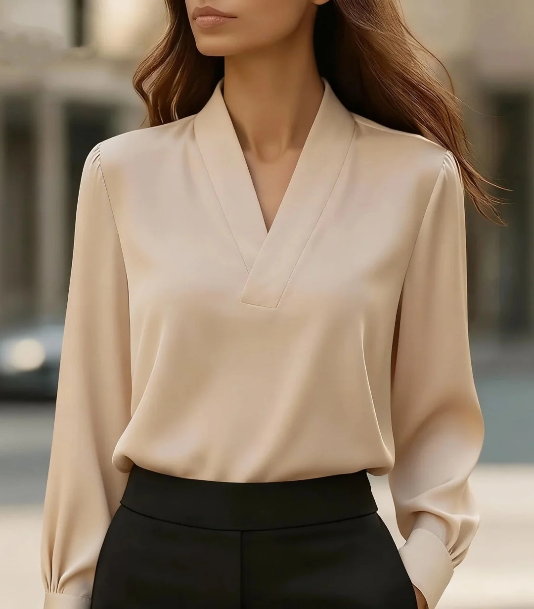 Khaki satin V-neck blouse with long sleeves, close-up front view
