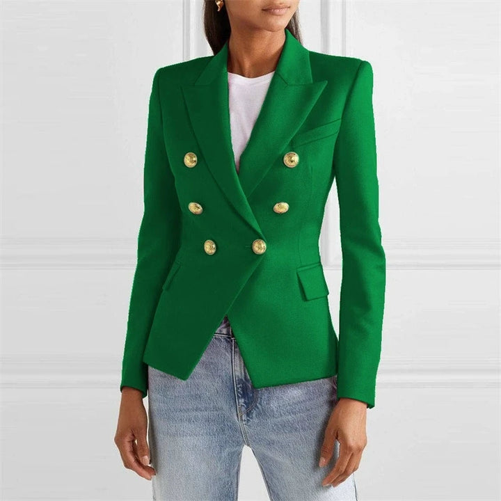 Green double-breasted blazer with gold buttons