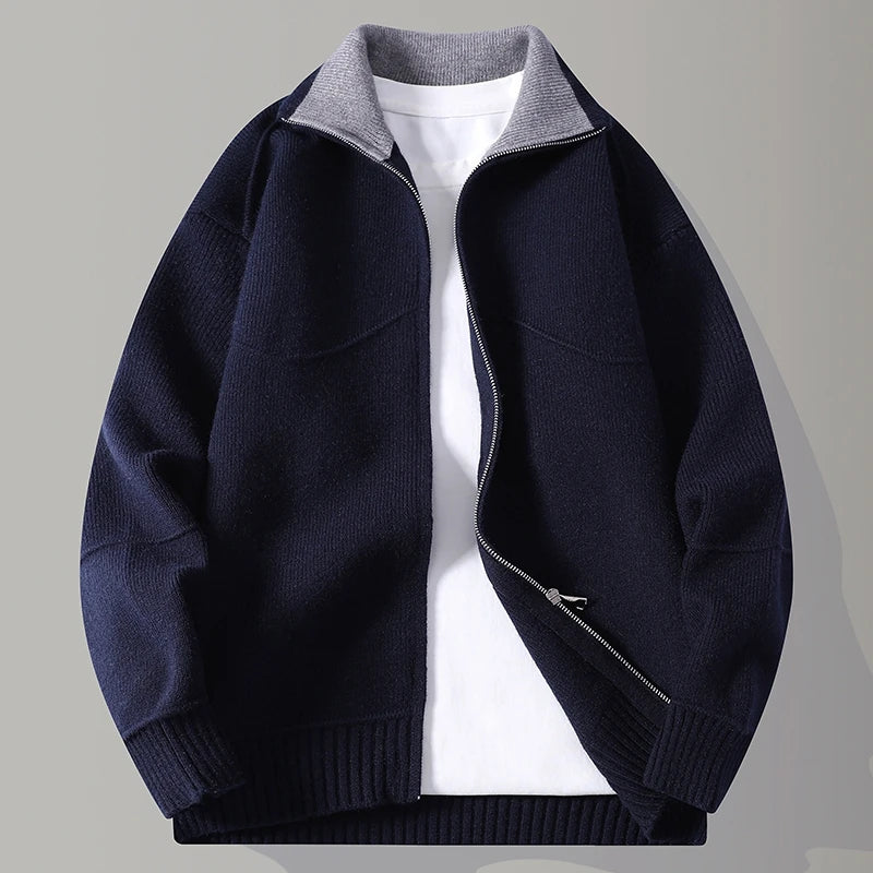 Navy blue knit zip cardigan with contrast grey collar, front view