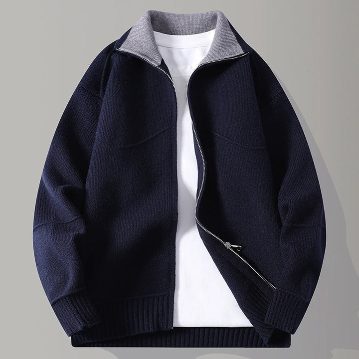 Navy blue knit zip cardigan with contrast grey collar, front view