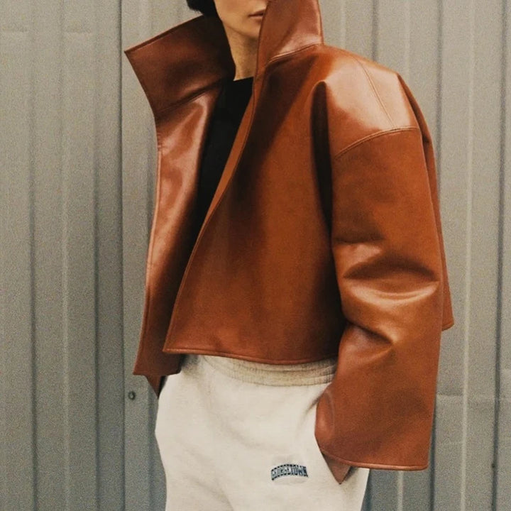 Brown faux leather jacket with stand collar, side view