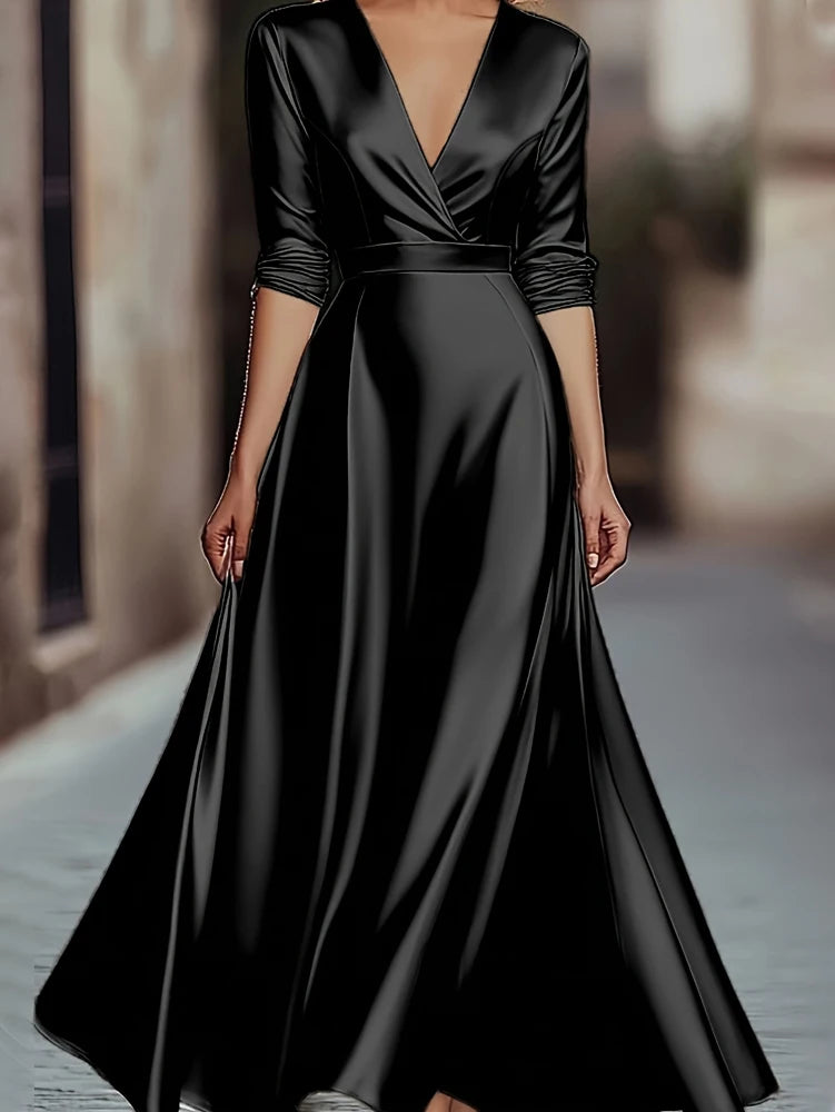 Black satin wrap V-neck A-line maxi dress, front view