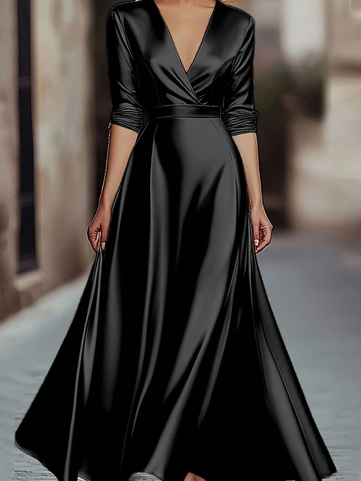 Black satin wrap V-neck A-line maxi dress, front view