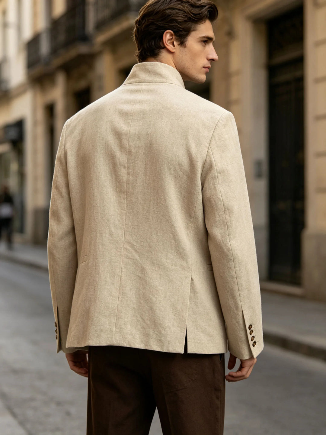 Back view of beige mandarin collar blazer