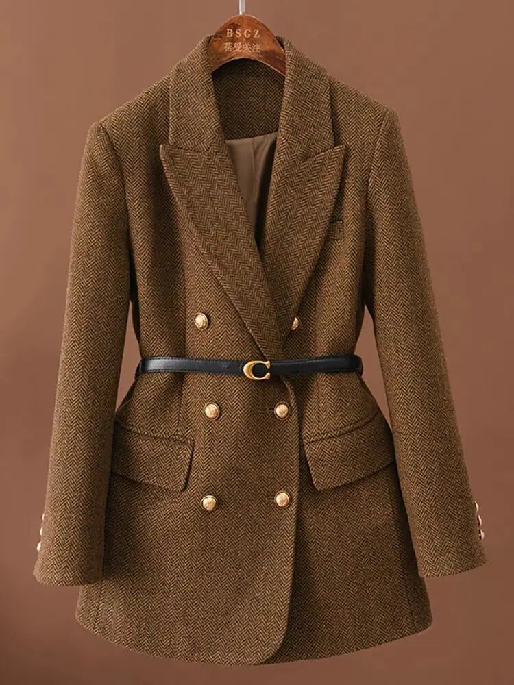 Dark brown herringbone belted blazer on hanger, front view