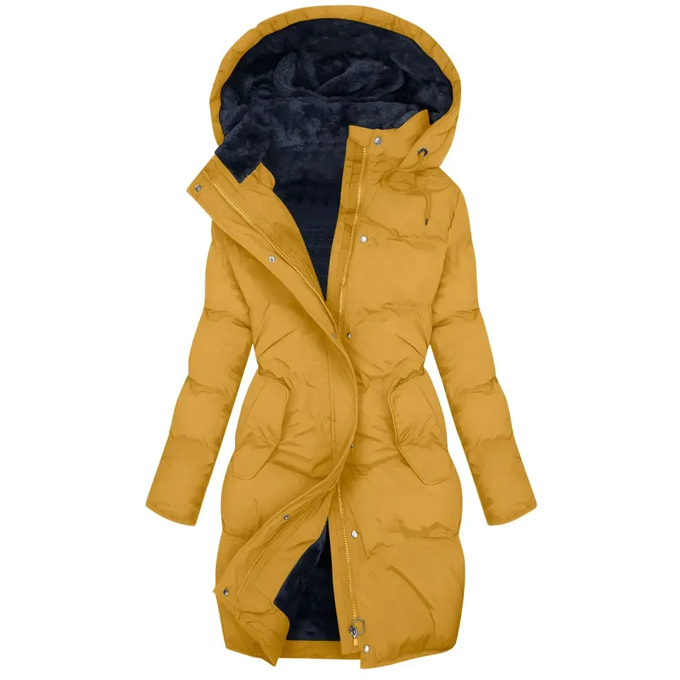 Yellow quilted hooded puffer coat