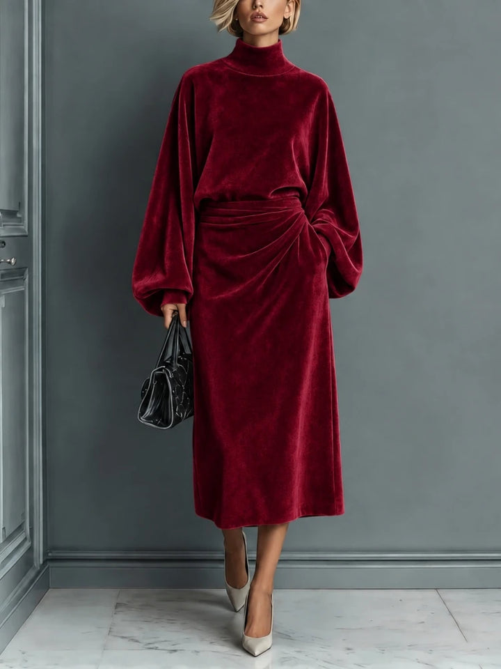 Burgundy velvet midi dress with turtleneck and lantern sleeves
