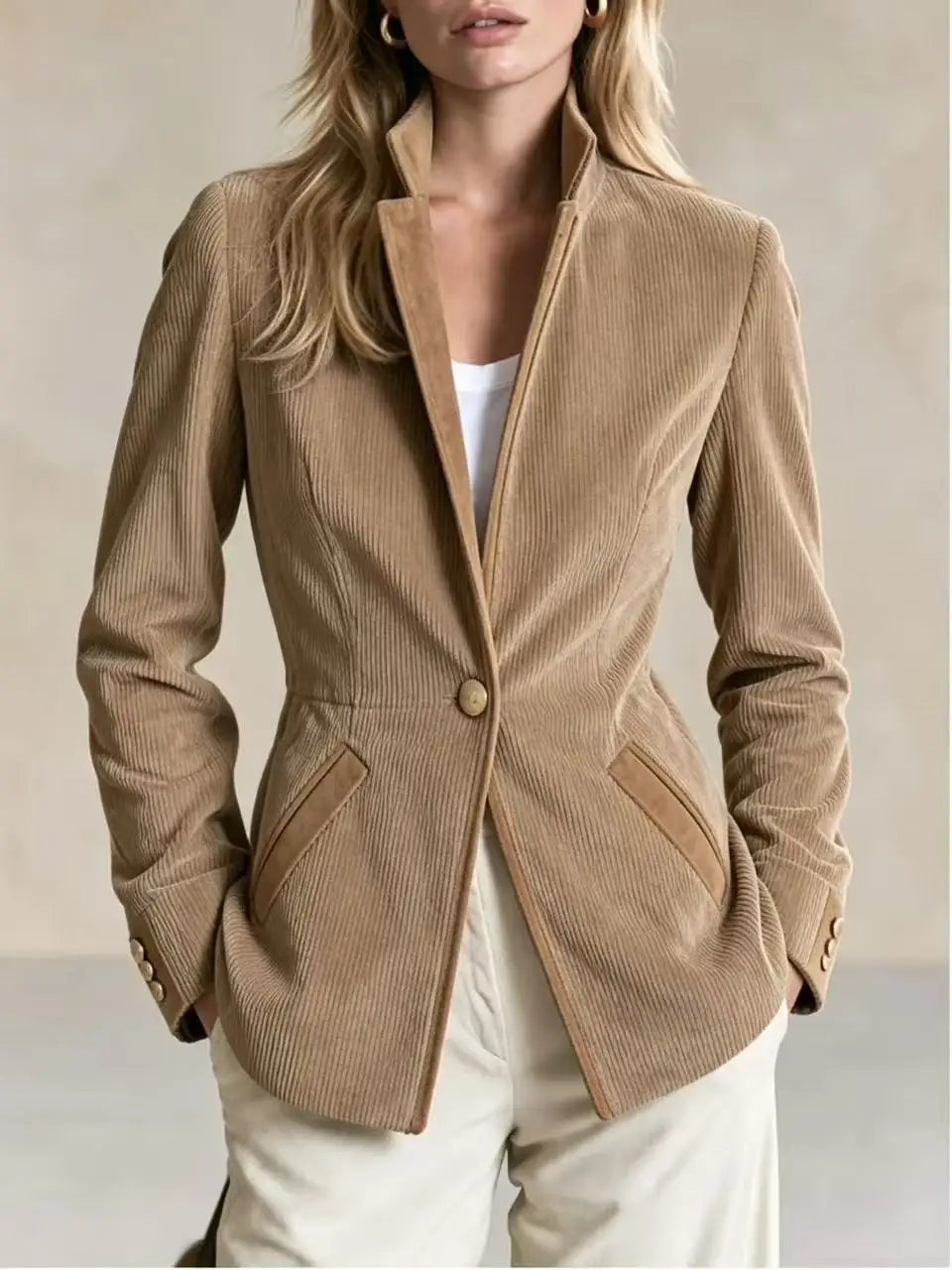 Woman wearing khaki corduroy blazer with stand collar