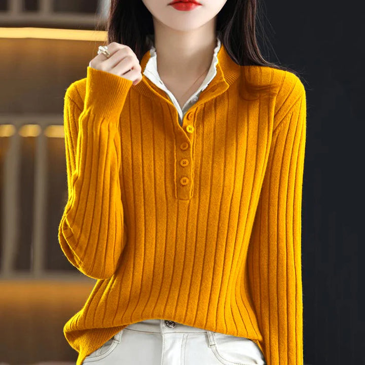 Yellow ribbed knit button up collar sweater on model