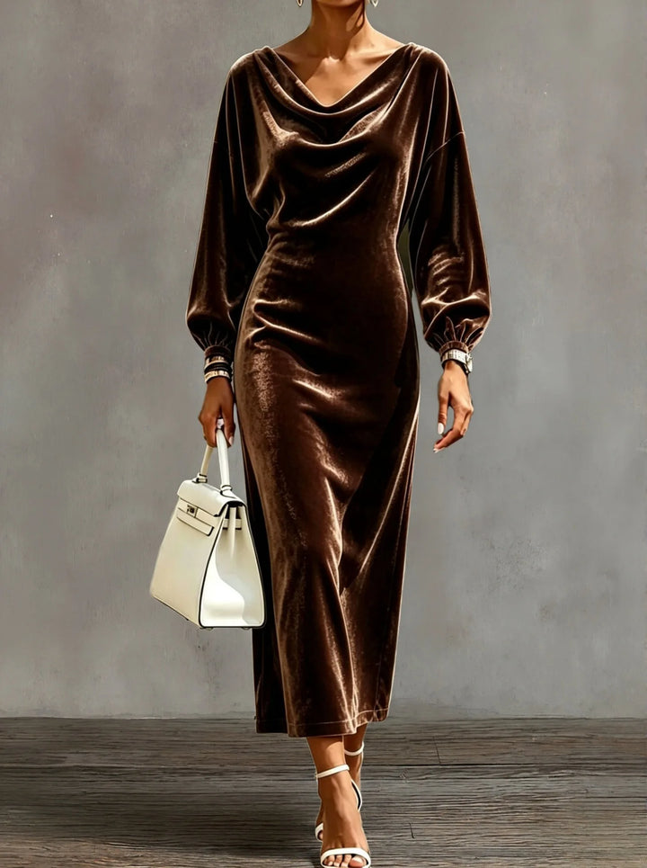 Coffee brown velvet midi dress with draped cowl neckline and balloon sleeves, front view