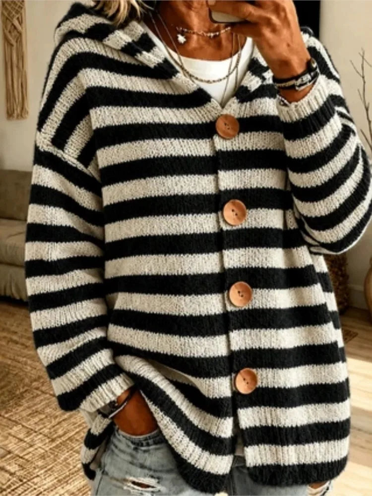 Black and white striped hooded cardigan with wooden buttons, front view