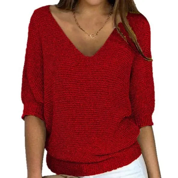 Red V-neck knit sweater with three-quarter sleeves