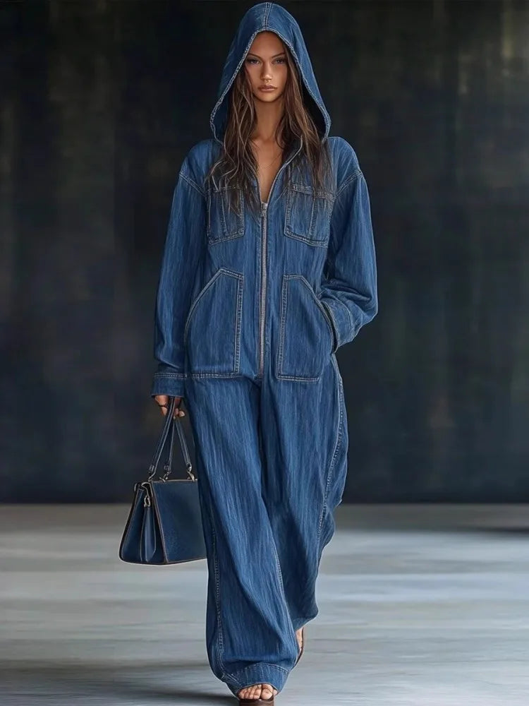 Junie Hooded Denim Jumpsuit