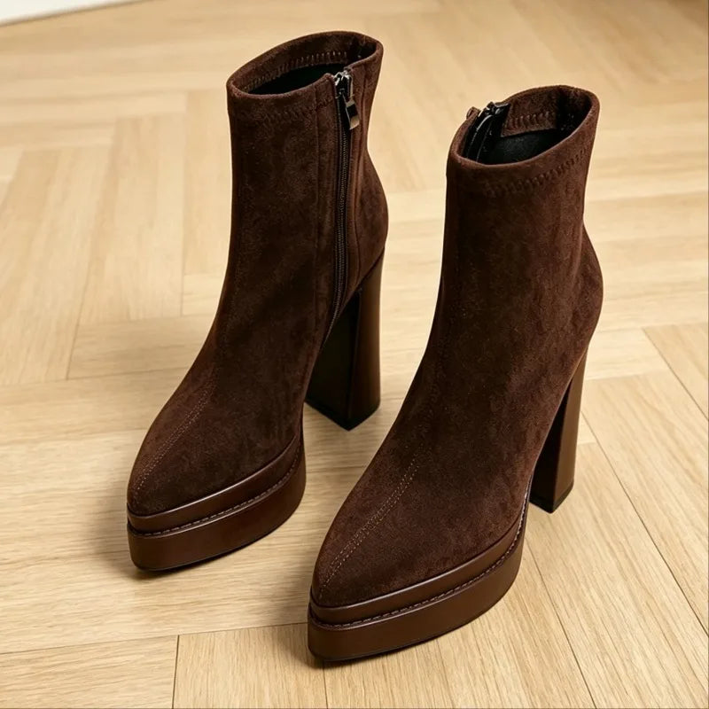 Brown suede-look platform ankle boots, front angled view