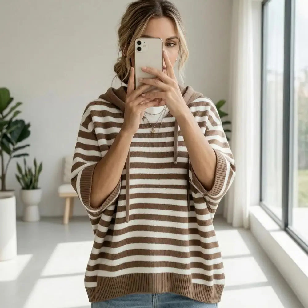 Brown and white striped hooded sweater with drawstring hood