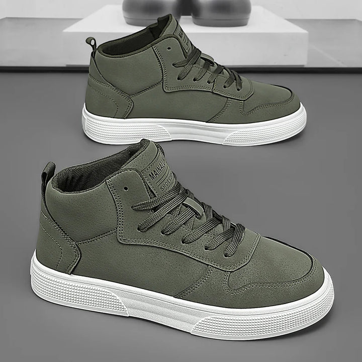Olive green high-top sneakers, side profile pair