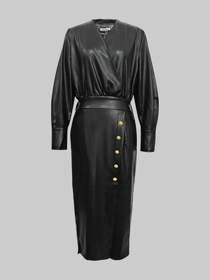 Black faux leather wrap midi dress with belt and gold buttons, front view flat