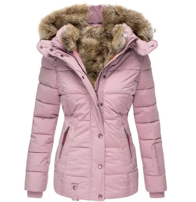 Pink quilted puffer jacket with faux fur hood, front view