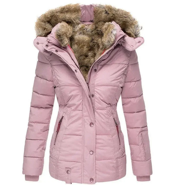 Pink quilted puffer jacket with faux fur hood, front view