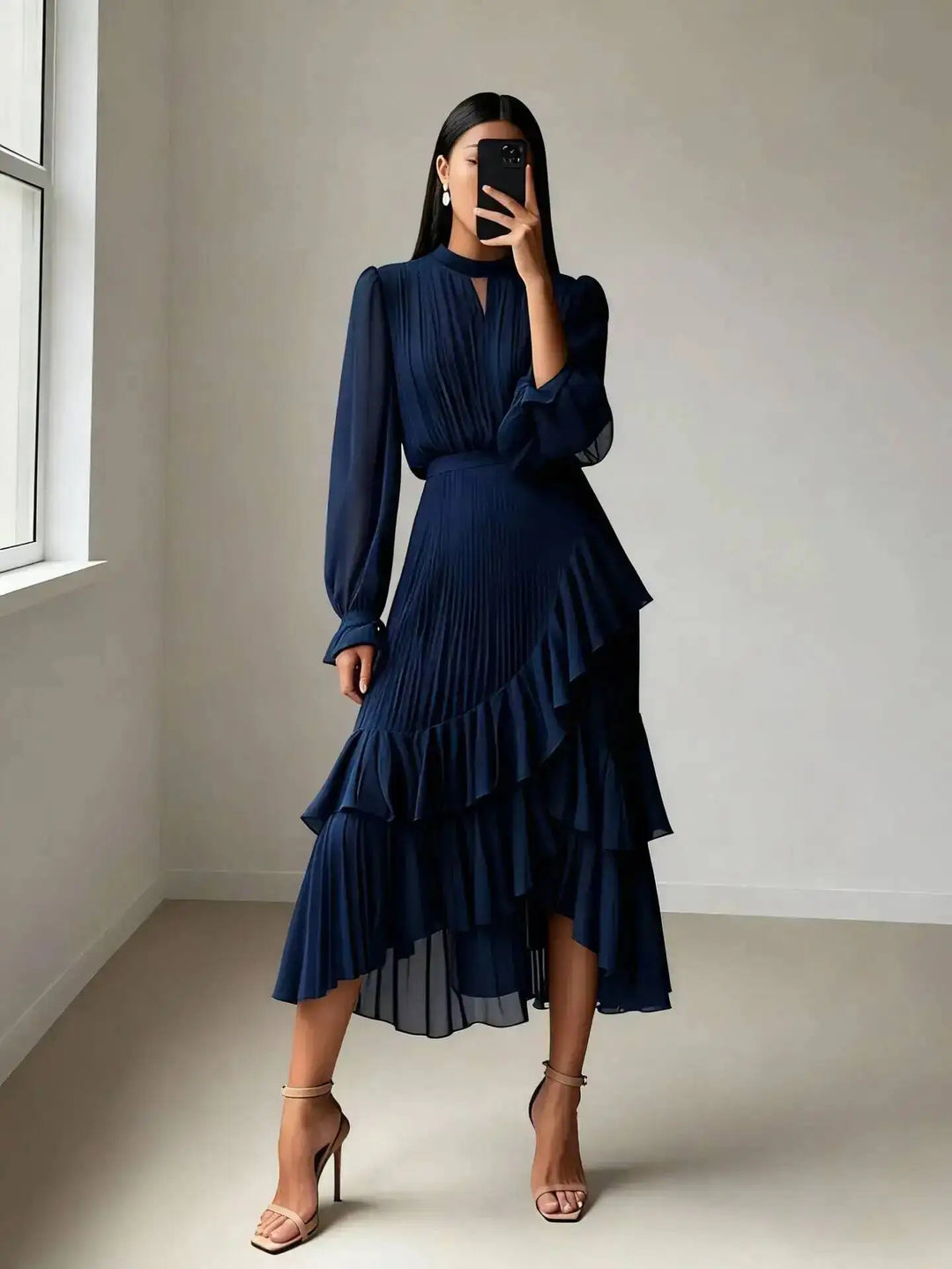 Sireza Pleated Ruffle Midi Dress