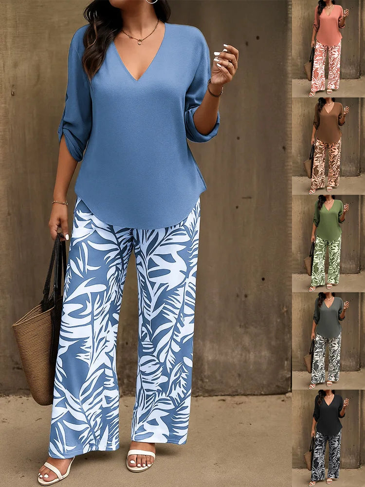 Celine V Neck Long Sleeve Printed Wide Leg Pants Set