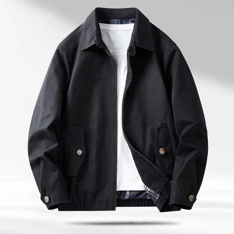 Black cotton jacket with zip front, front view