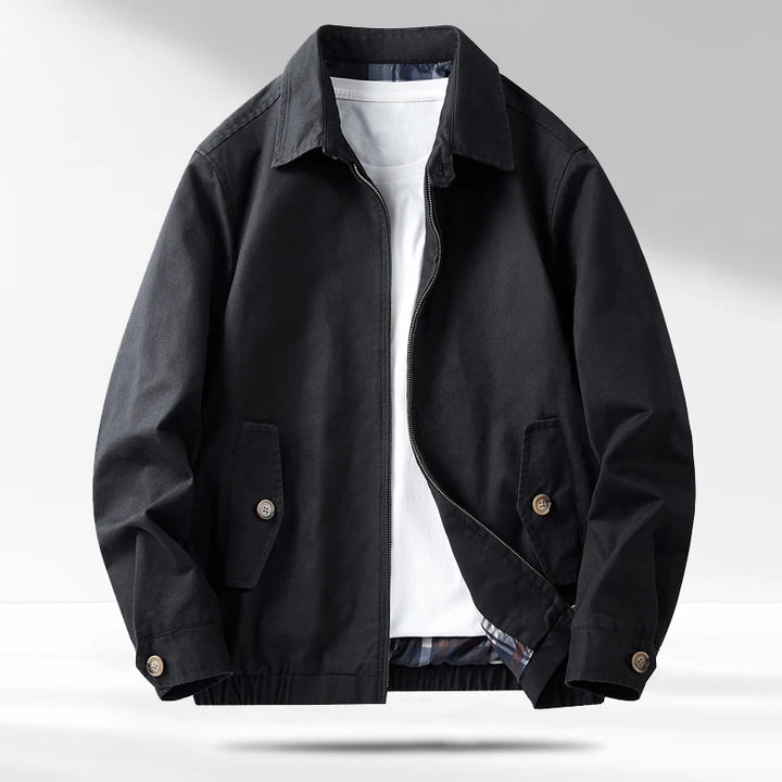 Black cotton jacket with zip front, front view
